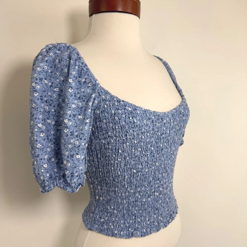 Abercrombie & Fitch Linen Blend Floral Top Blue‎ Puff Sleeve Prairie Cottagecore